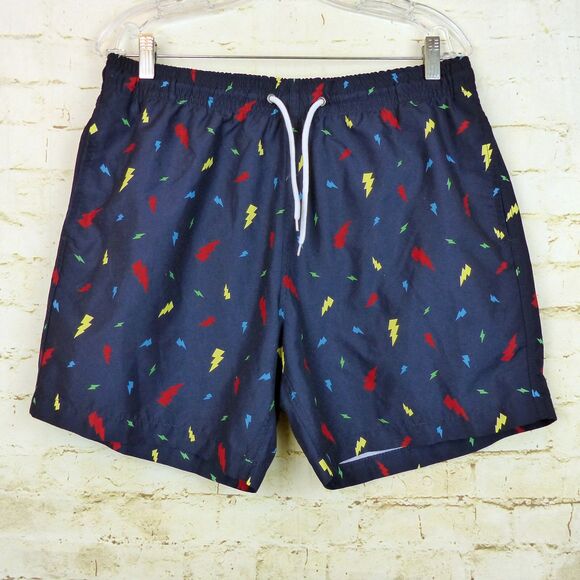 Trunks Surf & Swim Sano Shorts Men L Navy Blue Lighting Bolts Brief Lining Beach - Picture 1 of 12